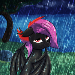 Size: 1200x1200 | Tagged: artist needed, safe, oc, oc only, oc:arkunus, dracony, dragon, hybrid, pony, looking at you, male, night, rain, solo, tree, water, wet