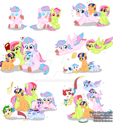 Size: 1024x1111 | Tagged: safe, artist:linadoon, oc, oc only, oc:applebuck, oc:cloudchaser, oc:colorful thunder, oc:dazzleflash, oc:precious, oc:sunnynight, oc:wavedancer, dracony, earth pony, hybrid, pegasus, pony, unicorn, age progression, baby, baby pony, book, colt, cute, deviantart watermark, female, filly, flying, foal, freckles, holding a pony, interspecies offspring, levitation, magic, magical lesbian spawn, male, obtrusive watermark, offspring, older, pacifier, parent:applejack, parent:discord, parent:fluttershy, parent:pinkie pie, parent:princess celestia, parent:princess skystar, parent:rainbow dash, parent:rarity, parent:spike, parent:twilight sparkle, parents:dislestia, parents:flutterdash, parents:skypie, parents:sparity, parents:twijack, quill, simple background, telekinesis, watermark, white background