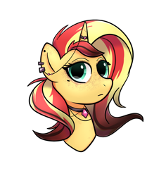 Size: 1468x1556 | Tagged: safe, artist:yumiy_salin, sunset shimmer, pony, unicorn, g4, bust, cute, ear piercing, freckles, horn, horn jewelry, horn ring, jewelry, necklace, peppered bacon, piercing, portrait, ring, simple background, solo, white background