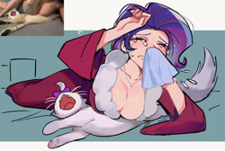 Size: 2528x1701 | Tagged: safe, artist:卯卯七, opalescence, rarity, cat, human, big breasts, breasts, busty rarity, cleavage, clothes, crying, drama queen, eyes closed, handkerchief, humanized, open mouth, ponified animal photo, robe, teary eyes