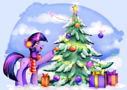 Size: 2048x1451 | Tagged: safe, artist:pozya1007, twilight sparkle, pony, unicorn, christmas, christmas tree, clothes, earmuffs, eyebrows, eyebrows visible through hair, glowing, glowing horn, holiday, horn, levitation, magic, open mouth, open smile, present, scarf, smiling, solo, telekinesis, tree, unicorn twilight