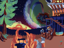 Size: 6400x4800 | Tagged: safe, artist:brainiac, oc, oc:heccin pepperino, oc:thunder punch, kirin, aseprite, fallout equestria:all things unequal (pathfinder), female, mare, outer wilds, outer wilds spoilers, pixel art, solo, spoilers for another series, the attlerock