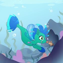 Size: 3979x3979 | Tagged: safe, artist:cutepencilcase, oc, oc only, crab, seapony (g4), boop, commission, jewelry, necklace, smiling, underwater, water, ych result