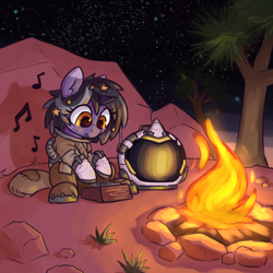 Size: 2000x2000 | Tagged: safe, artist:rivibaes, oc, oc only, oc:rivibaes, pony, unicorn, astronaut, campfire, ember twin, female, filly, foal, high res, music notes, musical instrument, outer wilds, solo, space helmet, spacesuit, stars, tree