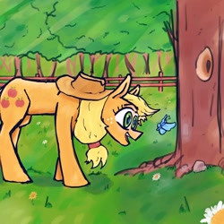 Size: 1024x1024 | Tagged: safe, artist:maso, applejack, butterfly, earth pony, pony, g4, fence, forest, glowing, looking at something, solo, sweet apple acres, tree