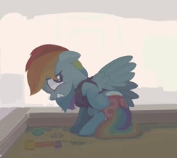 Size: 1909x1705 | Tagged: safe, artist:asdfasfasda, rainbow dash, pegasus, pony, g4, abstract background, blushing, clothes, diaper, diaper butt, diaper fetish, diaper under clothes, embarrassed, fetish, looking back, non-baby in diaper, sand, sandbox, sheepish grin, shirt, shorts, shovel, solo, sweat, sweatdrop, t-shirt, toy
