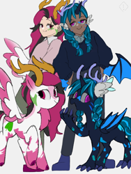 Size: 1536x2048 | Tagged: safe, artist:metaruscarlet, oc, oc only, oc:blossom blaze, oc:neela, dracony, dragon, human, hybrid, kirin, pegasus, pony, zebra, boots, clothes, dark skin, denim, duo, eye scar, facial scar, female, horn, horned humanization, human ponidox, humanized, humanized oc, jeans, looking at each other, looking at someone, mare, markings, open mouth, pants, raised hoof, scar, self paradox, self ponidox, shirt, shoes, simple background, sweater, unshorn fetlocks, white background, winged humanization, wings