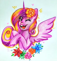 Size: 1925x2048 | Tagged: safe, artist:pozya1007, princess cadance, alicorn, pony, g4, eye clipping through hair, female, flower, flower in hair, happy, looking at you, mare, marker drawing, one eye closed, open mouth, open smile, smiling, solo, sparkles, spread wings, traditional art, unshorn fetlocks, wings, wink