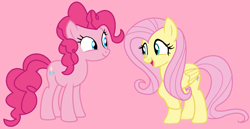 Size: 1128x582 | Tagged: safe, artist:jadeharmony, fluttershy, pinkie pie, earth pony, pegasus, pony, g4, duo, duo female, female, lesbian, mare, open mouth, open smile, pink background, ship:flutterpie, shipping, simple background, smiling