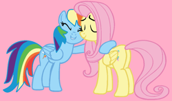 Size: 974x574 | Tagged: safe, artist:jadeharmony, fluttershy, rainbow dash, pegasus, pony, g4, duo, duo female, eyes closed, female, hug, lesbian, pink background, ship:flutterdash, shipping, simple background, smiling