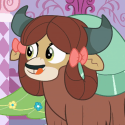 Size: 800x800 | Tagged: safe, screencap, yona, yak, g4, season 9, she's all yak, animated, bowtie, cute, female, gif, happy, licking, licking lips, monkey swings, smiling, solo, tongue out, yonadorable