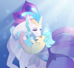 Size: 1024x939 | Tagged: safe, artist:purplegrim40, princess skystar, queen novo, seapony (g4), g4, my little pony: the movie, blue mane, bubble, collar, crepuscular rays, crown, cute, digital art, dorsal fin, eyelashes, eyes closed, eyeshadow, female, fin, fin wings, fins, fish tail, floppy ears, flowing mane, flowing tail, freckles, glowing, jewelry, looking at each other, looking at someone, makeup, mermay, mother and child, mother and daughter, ocean, open mouth, open smile, regalia, smiling, sunlight, swimming, tail, teeth, underwater, water, wings, younger