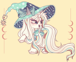 Size: 4560x3744 | Tagged: safe, artist:justsadluna, oc, oc only, pony, unicorn, eyelashes, female, hat, horn, looking back, mare, raised hoof, smiling, solo, unicorn oc, unshorn fetlocks, witch hat