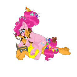 Size: 750x750 | Tagged: safe, artist:kamokpushok, cheese sandwich, pinkie pie, earth pony, pony, g4, book, commission, cuddling, female, looking at each other, looking at someone, love, male, married couple, older, older cheese sandwich, older cheesepie, older pinkie pie, ship:cheesepie, shipping, simple background, straight, transparent background, ych result