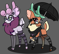 Size: 2855x2637 | Tagged: safe, artist:mrneo, cashmere (tfh), oc, oc:mohair, deer, reindeer, them's fightin' herds, antlers, belt, black rose, clothes, community related, duo, ear piercing, eyeshadow, fishnet clothing, fishnet stockings, flower, glasses, goth, high res, leg warmers, makeup, piercing, rose, scarf, spiked wristband, tfh oc, umbrella, wristband