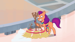 Size: 960x540 | Tagged: safe, screencap, sunny starscout, earth pony, pony, a home to share, g5, my little pony: tell your tale, spoiler:g5, spoiler:my little pony: tell your tale, spoiler:tyts01e01, animated, broom, crystal brighthouse, cute, dust, female, gif, hoof hold, how do hooves work?, magnetic hooves, mane stripe sunny, mare, missing cutie mark, solo, sunnybetes, sweeping