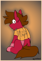 Size: 2500x3600 | Tagged: safe, artist:grandfinaleart, oc, oc only, oc:grand finale, pegasus, pony, brown eyes, brown hair, brown mane, brown tail, chin fluff, digital art, facial hair, facing away, folded wings, goatee, high res, looking at you, male, meme, pegasus oc, red fur, simple background, sitting, solo, stallion, stallion oc, tail, unshorn fetlocks, wings
