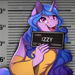 Size: 1508x1505 | Tagged: safe, artist:akaamaru2020, izzy moonbow, unicorn, anthro, g5, barbie, barbie (film), barbie mugshot meme, clothes, female, happy, horn, implied cloudsdale, long hair, meme, mugshot, open mouth, open smile, smiling, solo