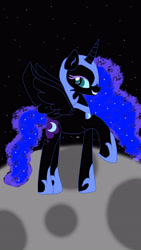 Size: 2322x4128 | Tagged: safe, artist:cakeshake22, nightmare moon, alicorn, pony, g4, grin, old art, on the moon, raised hoof, smiling, solo