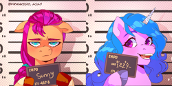 Size: 3112x1550 | Tagged: safe, artist:frank3dz, izzy moonbow, sunny starscout, earth pony, pony, unicorn, g5, barbie, barbie (film), barbie mugshot meme, blushing, cute, duo, ears back, female, frown, izzybetes, mare, meme, mugshot, open mouth, open smile, smiling, sunny starscout is not amused, unamused, unshorn fetlocks