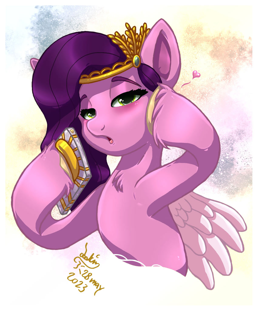 [artist:joakaha,blushing,bust,cellphone,cute,female,g5,heart,mare,pegasus,phone,pony,portrait,pose,safe,signature,solo,abstract background,lidded eyes,hoof on cheek,adorapipp,pipp petals,that pony sure does love phones]