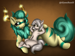 Size: 2824x2118 | Tagged: safe, artist:alyssarh, oc, oc only, oc:belén, oc:leidtogi (alyssarh), pony, unicorn, duo, glowing, glowing horn, high res, horn, horns, looking at each other, looking at someone, simple background, size difference