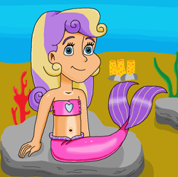 Size: 752x748 | Tagged: safe, artist:ocean lover, princess skyla, human, mermaid, g4, bandeau, bare shoulders, belly, belly button, blue eyes, boulder, child, coral, cute, female, fins, fish tail, happy, heart, human coloration, humanized, innocent, looking at you, mermaid princess, mermaid tail, mermaidized, mermay, midriff, ms paint, ocean, rock, sand, sitting, sleeveless, smiling, smiling at you, solo, species swap, sponge, strapless, tail, tail fin, two toned hair, underwater, water