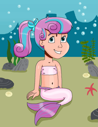 Size: 965x1250 | Tagged: safe, artist:ocean lover, princess flurry heart, human, mermaid, starfish, g4, bandeau, bare shoulders, belly, belly button, blue eyes, bow, bubble, cheerful, child, coral, cute, female, fins, fish tail, flurrybetes, hair bow, happy, human coloration, humanized, innocent, looking up, mermaid princess, mermaid tail, mermaidized, mermay, midriff, ms paint, ocean, older, older flurry heart, ponytail, rock, sand, sitting, solo, species swap, strapless, tail, tail fin, two toned tail, underwater, water