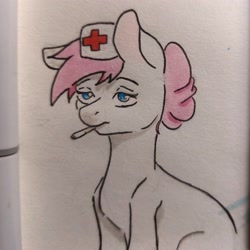 Size: 2909x2909 | Tagged: safe, artist:chacarron, nurse redheart, earth pony, pony, g4, cigarette, colored, hat, high res, nurse, photo, smoking, solo, tired, traditional art