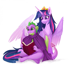 Size: 2008x1835 | Tagged: safe, artist:buvanybu, spike, twilight sparkle, alicorn, dragon, pony, comic:dragon's odyssey, g4, the last problem, adult, adult spike, book, cloak, clothes, crossed legs, duo, female, gigachad spike, male, mare, older, older spike, older twilight, older twilight sparkle (alicorn), princess twilight 2.0, simple background, sitting, twilight sparkle (alicorn), white background