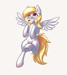 Size: 2600x2900 | Tagged: safe, artist:scorpomane, derpy hooves, pegasus, pony, g4, cute, derp, derpabetes, female, flying, high res, letter, mare, mouth hold, simple background, smiling, solo, spread wings, white background, wings