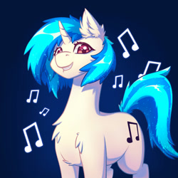 Size: 3000x3000 | Tagged: safe, artist:scorpomane, dj pon-3, vinyl scratch, pony, unicorn, g4, blue background, chest fluff, ear fluff, female, grin, high res, looking at you, mare, missing accessory, music notes, simple background, smiling, solo