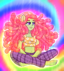Size: 2685x3000 | Tagged: safe, artist:ponykittenboi, derpibooru exclusive, tree hugger, human, equestria girls, g4, barefoot, belly button, clothes, cross legged, dreadlocks, equestria girls-ified, feet, female, floating, flowing hair, glowing, high res, lidded eyes, looking up, midriff, nail polish, pants, ponied up, pony ears, short shirt, solo, sparkles, sweatpants, tiedye, toenail polish