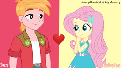 Size: 1920x1080 | Tagged: safe, anonymous artist, artist:edy_january, artist:starryshineviolet, edit, vector edit, big macintosh, fluttershy, human, series:romantic and jackass, series:romantic stories, equestria girls, g4, duo, female, fluttershy boho dress, geode of fauna, heart, looking at each other, looking at someone, love, magical geodes, male, red background, romance, romantic, ship:fluttermac, shipping, simple background, smiling, smiling at each other, straight, vector, vector used, wallpaper, yellow background