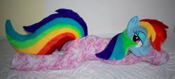 Size: 794x358 | Tagged: safe, artist:pascalbasteln, rainbow dash, pegasus, pony, g4, clothes, footed sleeper, footie pajamas, irl, looking at you, looking back, looking back at you, lying down, onesie, pajamas, photo, plushie, prone, solo