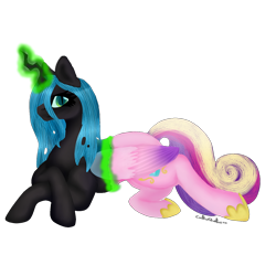 Size: 1300x1300 | Tagged: safe, artist:cakeshake22, princess cadance, queen chrysalis, alicorn, changeling, changeling queen, pony, g4, 2018, fake cadance, female, glowing, glowing horn, horn, mare, mid-transformation, shapeshifting, simple background, solo, transparent background