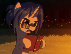 Size: 800x600 | Tagged: safe, artist:rangelost, oc, oc only, oc:plume, pony, unicorn, cyoa:d20 pony, book, campfire, cyoa, glasses, horn, night, offscreen character, pixel art, reading, solo, story included, unicorn oc