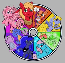Size: 1258x1239 | Tagged: safe, artist:amynewblue, big macintosh, lily blossom, master kenbroath gilspotten heathspike, pinkie pie (g3), princess luna, spike, spike (g1), sunny starscout, tree hugger, wind whistler, alicorn, dragon, earth pony, pegasus, pony, g1, g3, g4, g5, alicornified, bow, color wheel, color wheel challenge, covering ears, covering eyes, covering mouth, female, flyer, gray background, male, mare, mouth hold, princess big mac, race swap, simple background, stallion, tail, tail bow