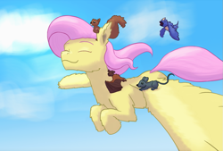 Size: 1079x728 | Tagged: safe, artist:gosha305, fluttershy, bat, bird, mouse, pegasus, pony, squirrel, g4, critters, cute, ear fluff, eyes closed, flying, full body, happy, hooves, sky background, wings