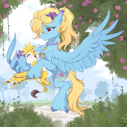 Size: 2000x2000 | Tagged: safe, artist:spoosha, derpibooru exclusive, oc, oc only, oc:beaky, oc:brave blossom, griffon, pony, fanfic:yellow feathers, bush, chest fluff, cute, duo, female, filly, flower, foal, grass, griffon oc, high res, holding, hug, male, mother and child, mother and son, ocbetes, paws, pony oc, tree, unshorn fetlocks, wing hands, wings