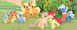 Size: 3853x1525 | Tagged: safe, artist:xxcheerupxxx, apple bloom, applejack, pokey pierce, oc, oc:crispin apple, oc:golden delicious, oc:mutsu apple, oc:pear jam, dracony, dragon, hybrid, pony, g4, apple, apple tree, clothes, female, filly, foal, interspecies offspring, offspring, older, parent:apple bloom, parent:applejack, parent:pokey pierce, parent:spike, parent:tender taps, parents:applespike, parents:pokeyjack, parents:tenderbloom, pokeyjack, sweater, tree