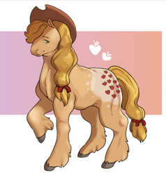 Size: 624x656 | Tagged: safe, artist:edgybuttmunch, applejack, earth pony, pony, g4, alternate cutie mark, apple, applejack's hat, cowboy hat, cutie mark background, female, food, freckles, hat, mare, solo, unshorn fetlocks