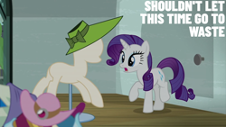 Size: 2000x1125 | Tagged: safe, edit, edited screencap, editor:quoterific, screencap, rarity, pony, unicorn, g4, the saddle row review, hat, solo