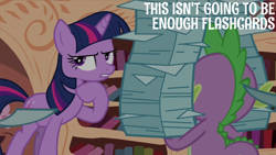 Size: 2000x1125 | Tagged: safe, edit, edited screencap, editor:quoterific, screencap, spike, twilight sparkle, dragon, pony, unicorn, g4, the crystal empire, flash cards, golden oaks library, hoof on chin, twilight being twilight, unicorn twilight