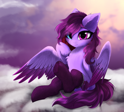 Size: 3493x3151 | Tagged: safe, artist:empress-twilight, oc, oc only, oc:veen, pegasus, pony, chest fluff, clothes, cloud, commission, cute, eye clipping through hair, eyebrows, eyebrows visible through hair, female, heterochromia, high res, looking at you, mare, ocbetes, on a cloud, pegasus oc, sitting, sitting on a cloud, smiling, smiling at you, socks, solo, spread wings, thigh highs, underhoof, wings, ych result