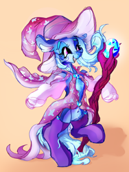 Size: 2400x3200 | Tagged: safe, artist:br0via, trixie, semi-anthro, g4, arm hooves, clothes, grin, high res, magic staff, smiling, socks, solo, staff, stockings, thigh highs
