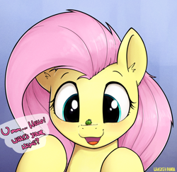 Size: 2122x2059 | Tagged: safe, artist:whiskeypanda, fluttershy, oc, oc:anon, insect, ladybug, pegasus, pony, g4, blushing, bust, cute, daaaaaaaaaaaw, dialogue, female, gradient background, high res, insect on nose, mare, open mouth, open smile, question mark, shyabetes, signature, smiling, speech bubble, weapons-grade cute