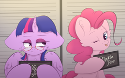 Size: 2183x1372 | Tagged: safe, artist:eventseem, pinkie pie, twilight sparkle, alicorn, earth pony, pony, g4, barbie, barbie (film), barbie mugshot meme, big ears, duo, duo female, female, floppy ears, glasses, impossibly large ears, looking at you, mare, meme, misleading thumbnail, mugshot, ponified meme, twilight sparkle (alicorn)