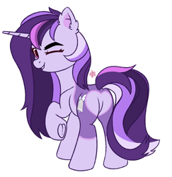 Size: 2264x2328 | Tagged: safe, artist:smelon, oc, oc only, oc:dreaming bell, pony, unicorn, butt, commission, cute, female, heart butt, high res, horn, looking back, mare, one eye closed, plot, raised hoof, simple background, solo, two toned coat, unicorn oc, white background, wink