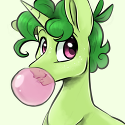 Size: 1280x1280 | Tagged: safe, artist:smirk, oc, oc only, unnamed oc, pony, unicorn, bubble, bubblegum, curly hair, food, freckles, gum, male, simple background, solo, stallion